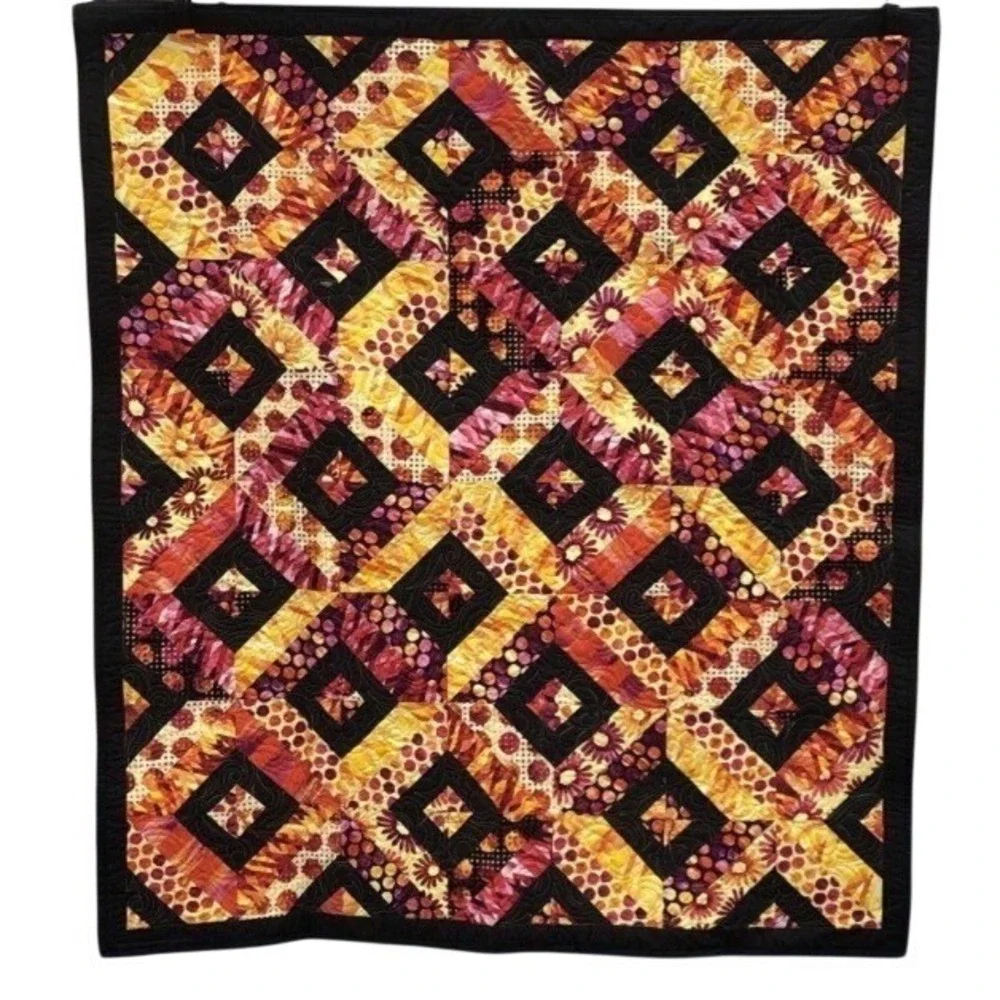 Modern Art‎ Quilt 47x52 Hand Quilted Geometric Signed Fiber Art Wall Hanging